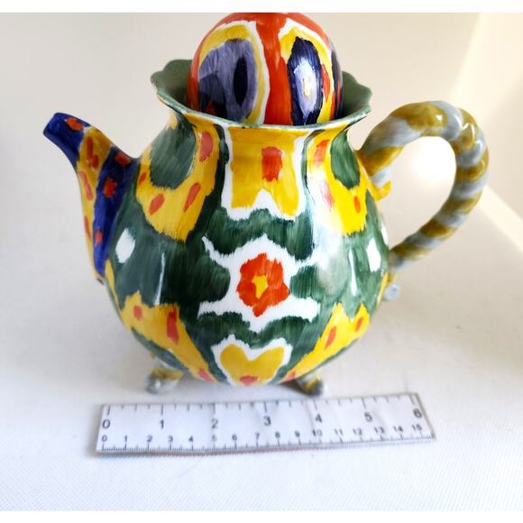 TEAPOT/ANTHROPOLOGY-Blackbird-Green-Yellow-"Tie Dye" Design-Hand Painted-4 cups - Picture 12 of 14